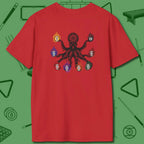 Stripe and Solids Octopus Billiards T-Shirt, back view, in Red back graphic for table swagger