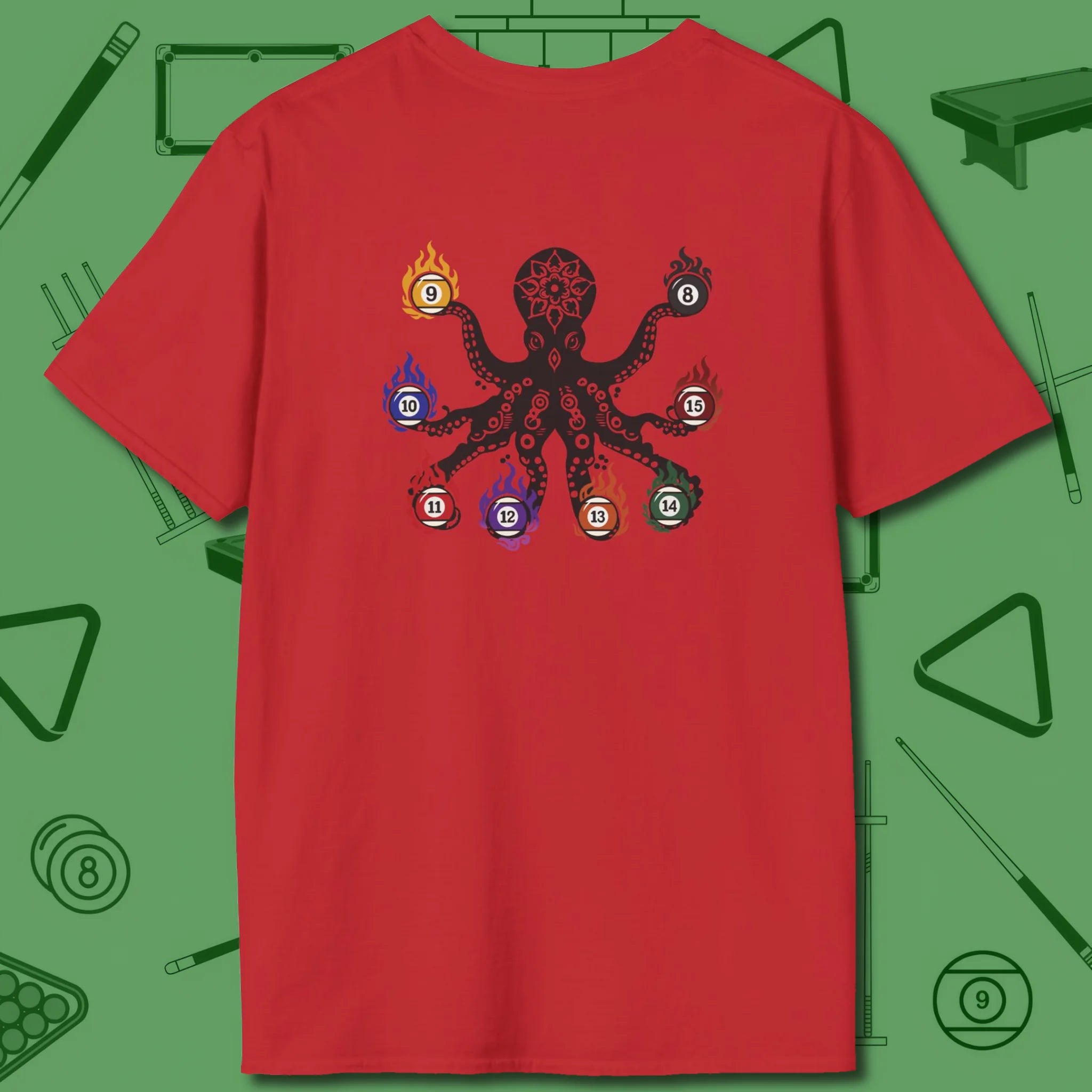 Stripe and Solids Octopus Billiards T-Shirt, back view, in Red back graphic for table swagger