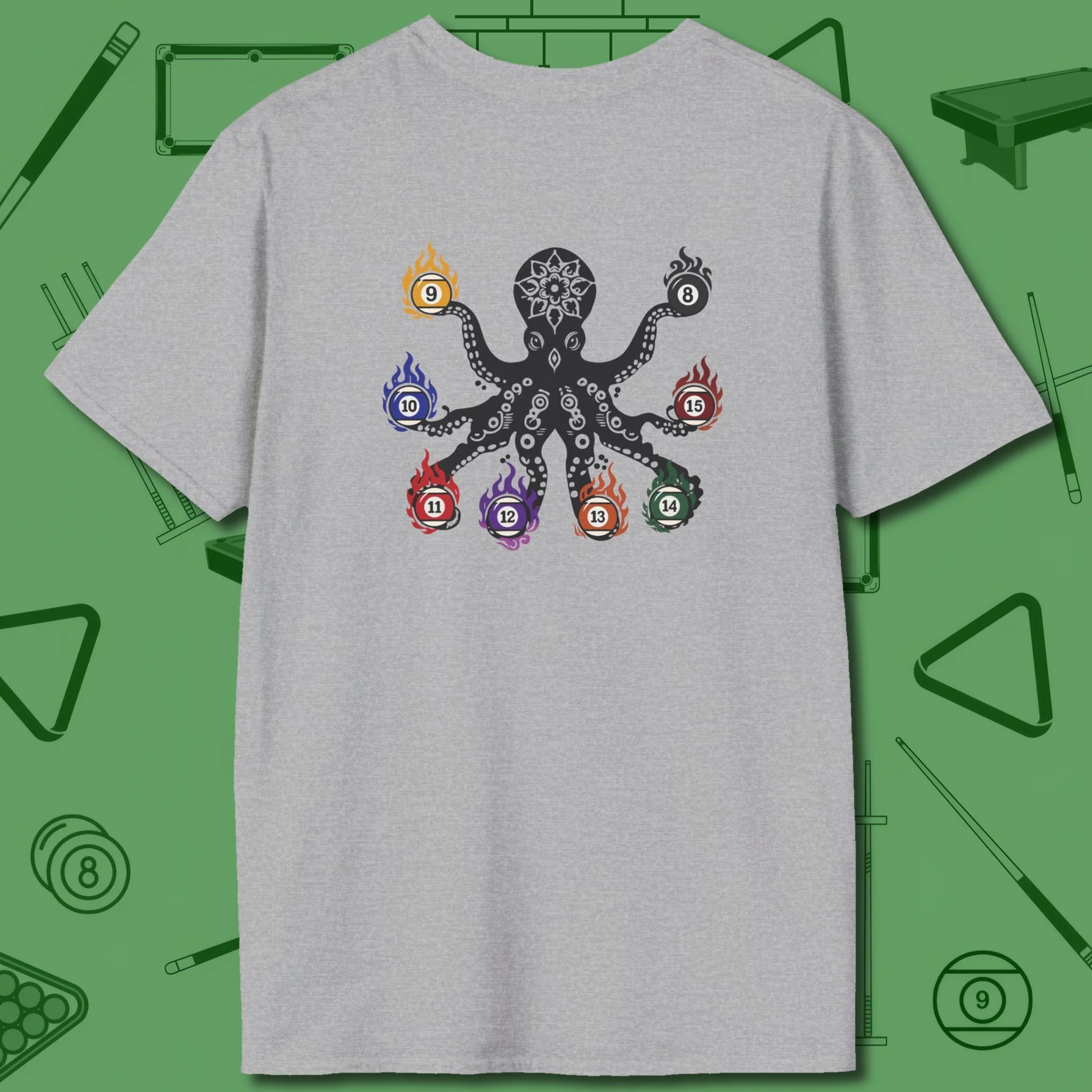 Stripe and Solids Octopus Billiards T-Shirt, back view, in Sport Grey matching back octopus graphic
