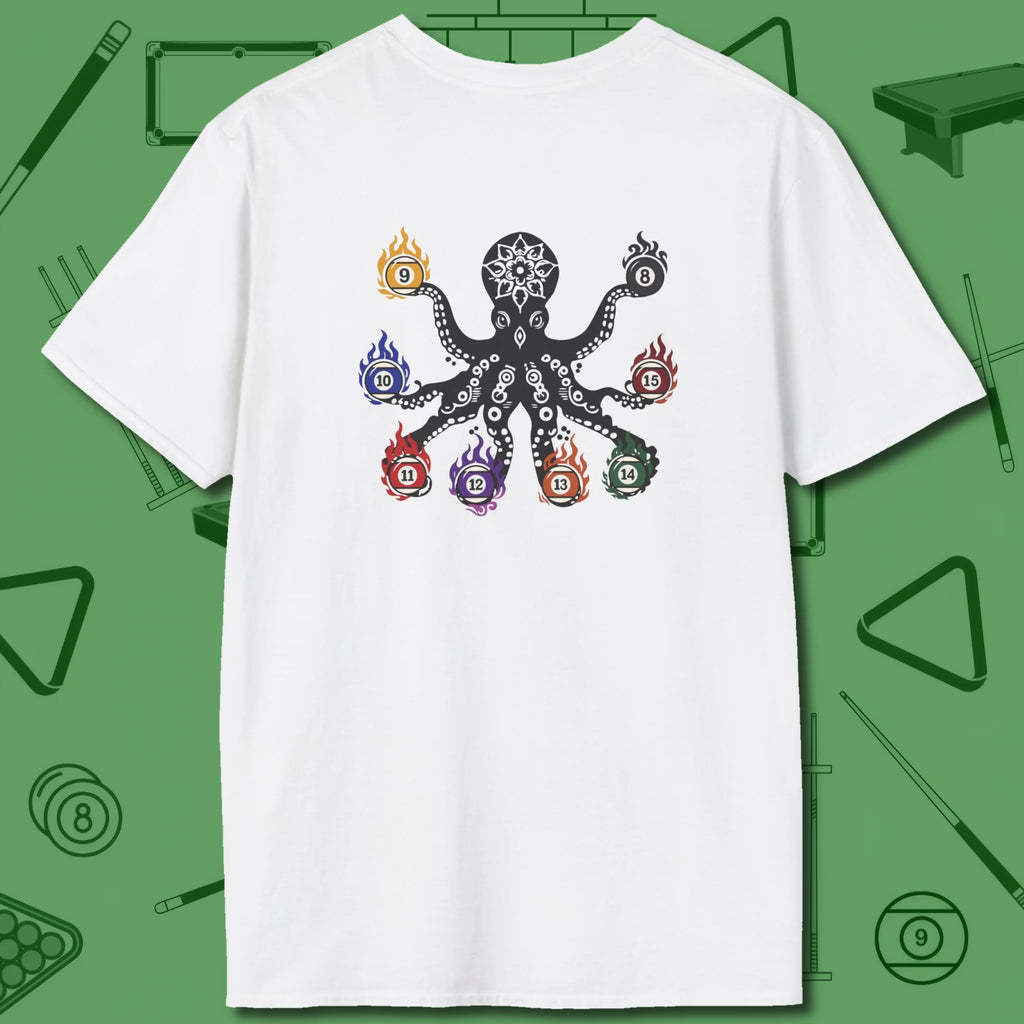 Stripe and Solids Octopus Billiards T-Shirt, back view, in White back print shows octopus too