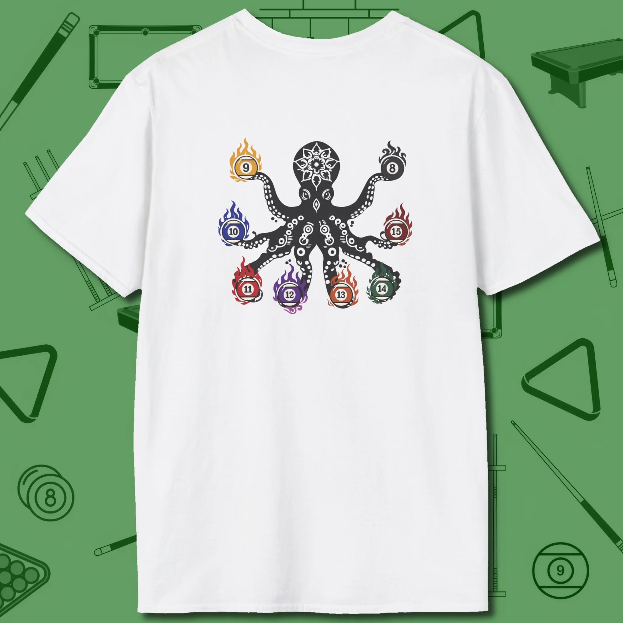 Stripe and Solids Octopus Billiards T-Shirt, back view, in White back print shows octopus too