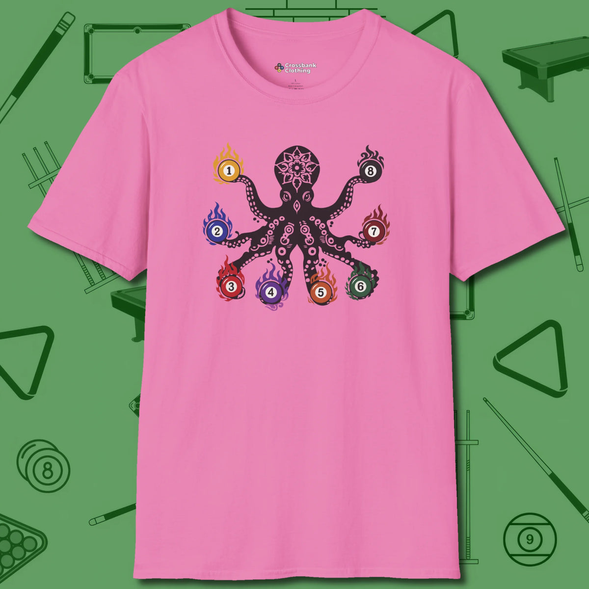 Stripe and Solids Octopus Billiards T-Shirt, front view, in Azalea octopus takes control of rack