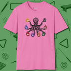 Stripe and Solids Octopus Billiards T-Shirt, front view, in Azalea octopus takes control of rack