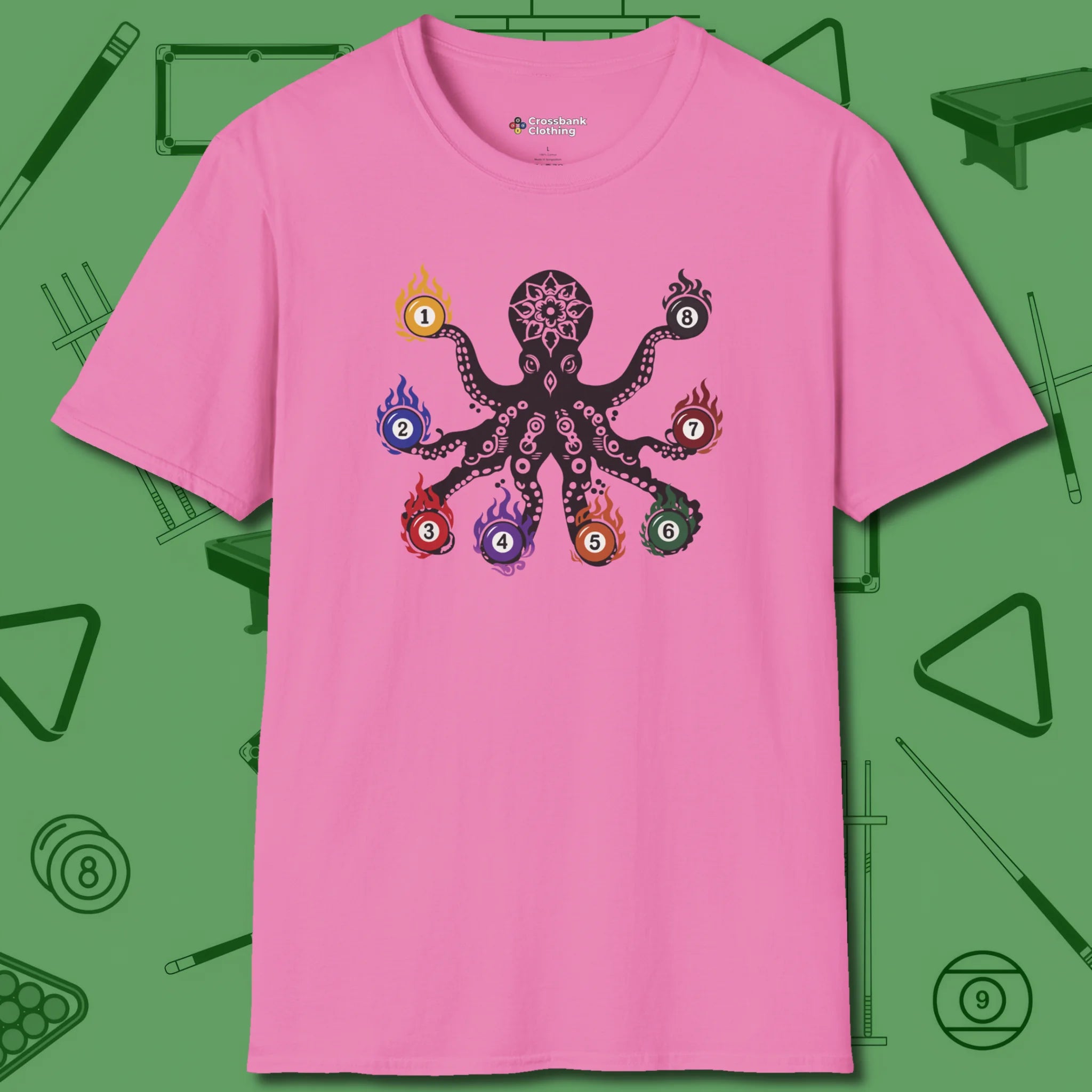 Stripe and Solids Octopus Billiards T-Shirt, front view, in Azalea octopus takes control of rack