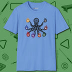 Stripe and Solids Octopus Billiards T-Shirt, front view, in Carolina Blue octopus racks stripes and solids