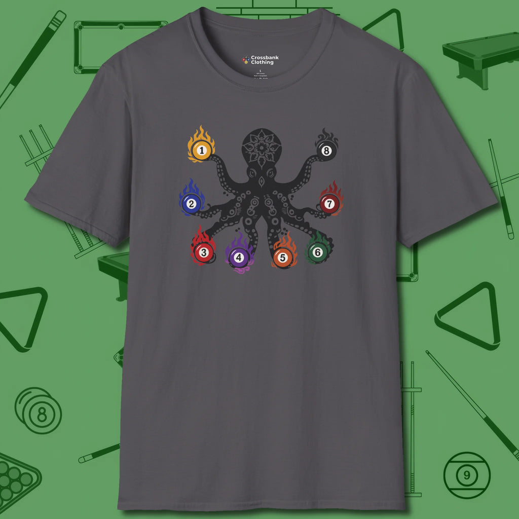 Stripe and Solids Octopus Billiards T-Shirt, front view, in Charcoal bold octopus billiards graphic