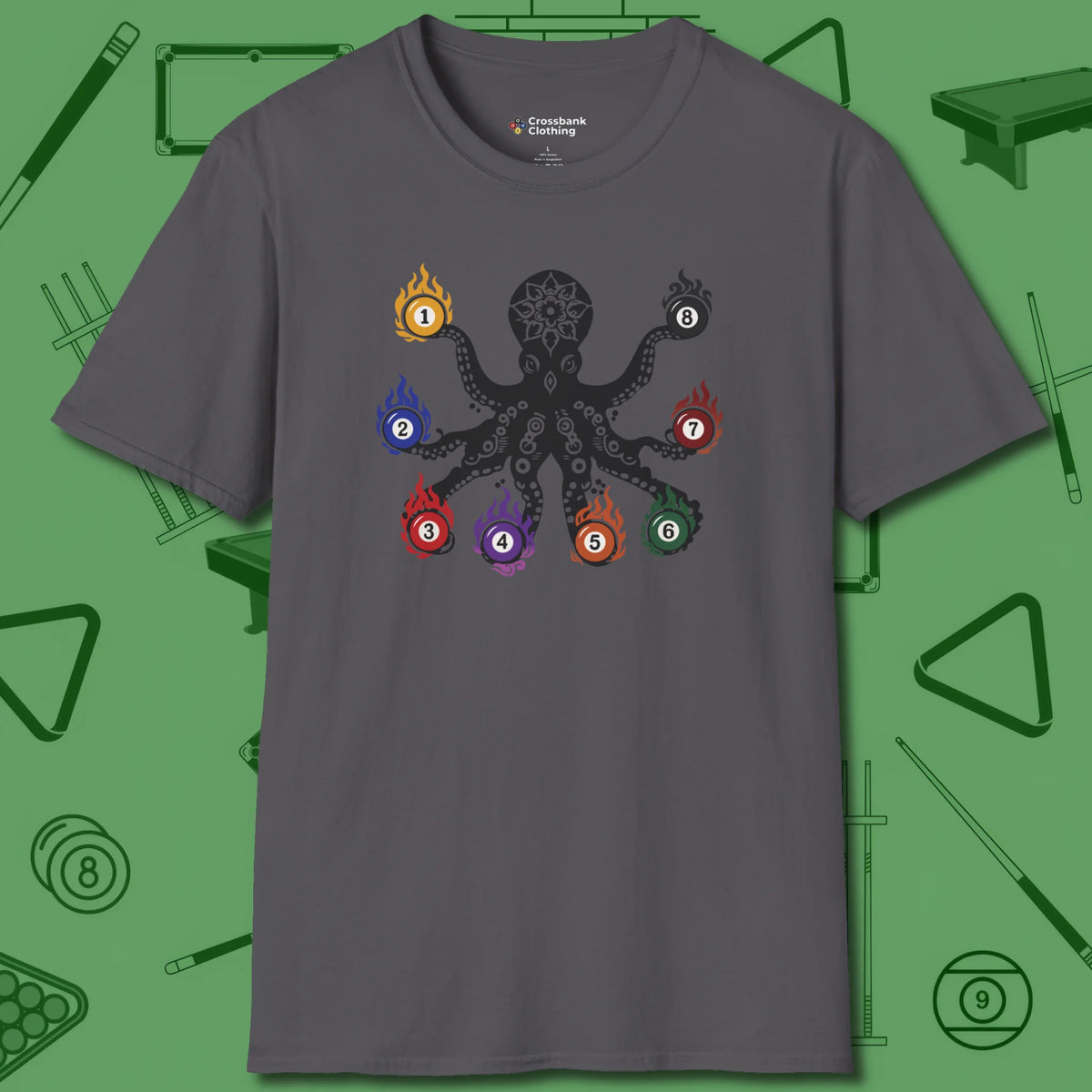 Stripe and Solids Octopus Billiards T-Shirt, front view, in Charcoal bold octopus billiards graphic