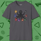 Stripe and Solids Octopus Billiards T-Shirt, front view, in Charcoal bold octopus billiards graphic