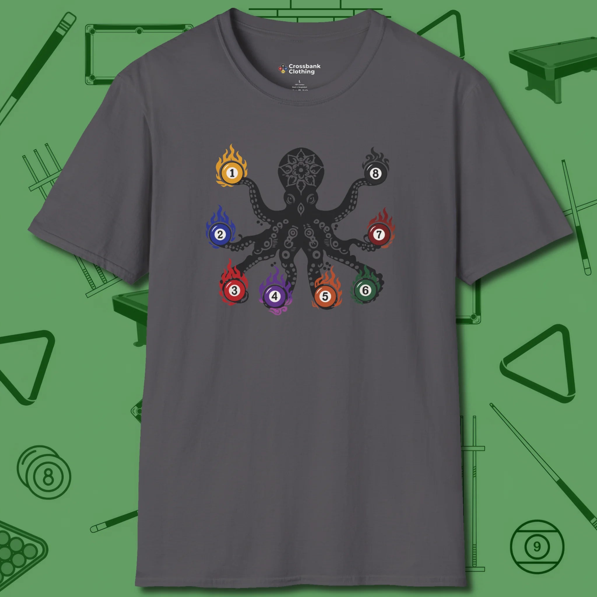 Stripe and Solids Octopus Billiards T-Shirt, front view, in Charcoal bold octopus billiards graphic