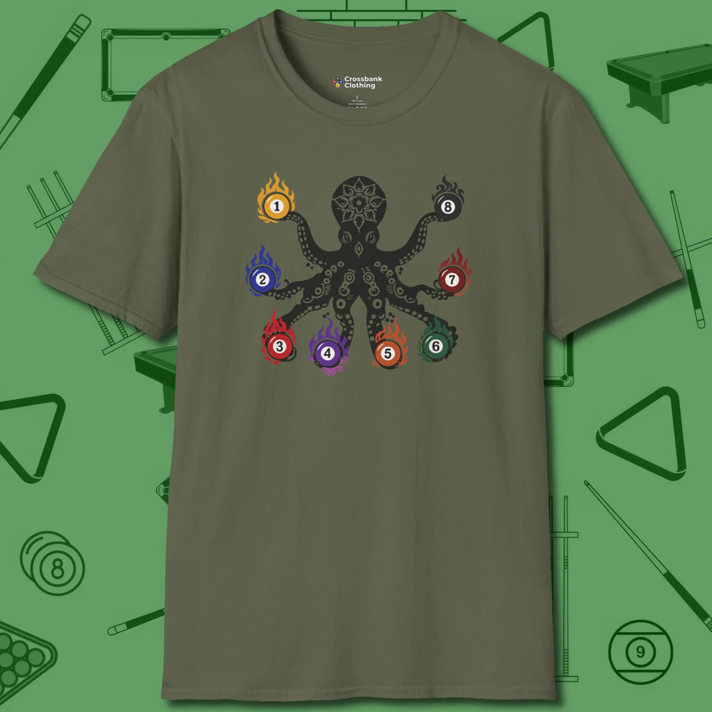 Stripe and Solids Octopus Billiards T-Shirt, front view, in Military Green octo design for league night