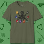 Stripe and Solids Octopus Billiards T-Shirt, front view, in Military Green octo design for league night