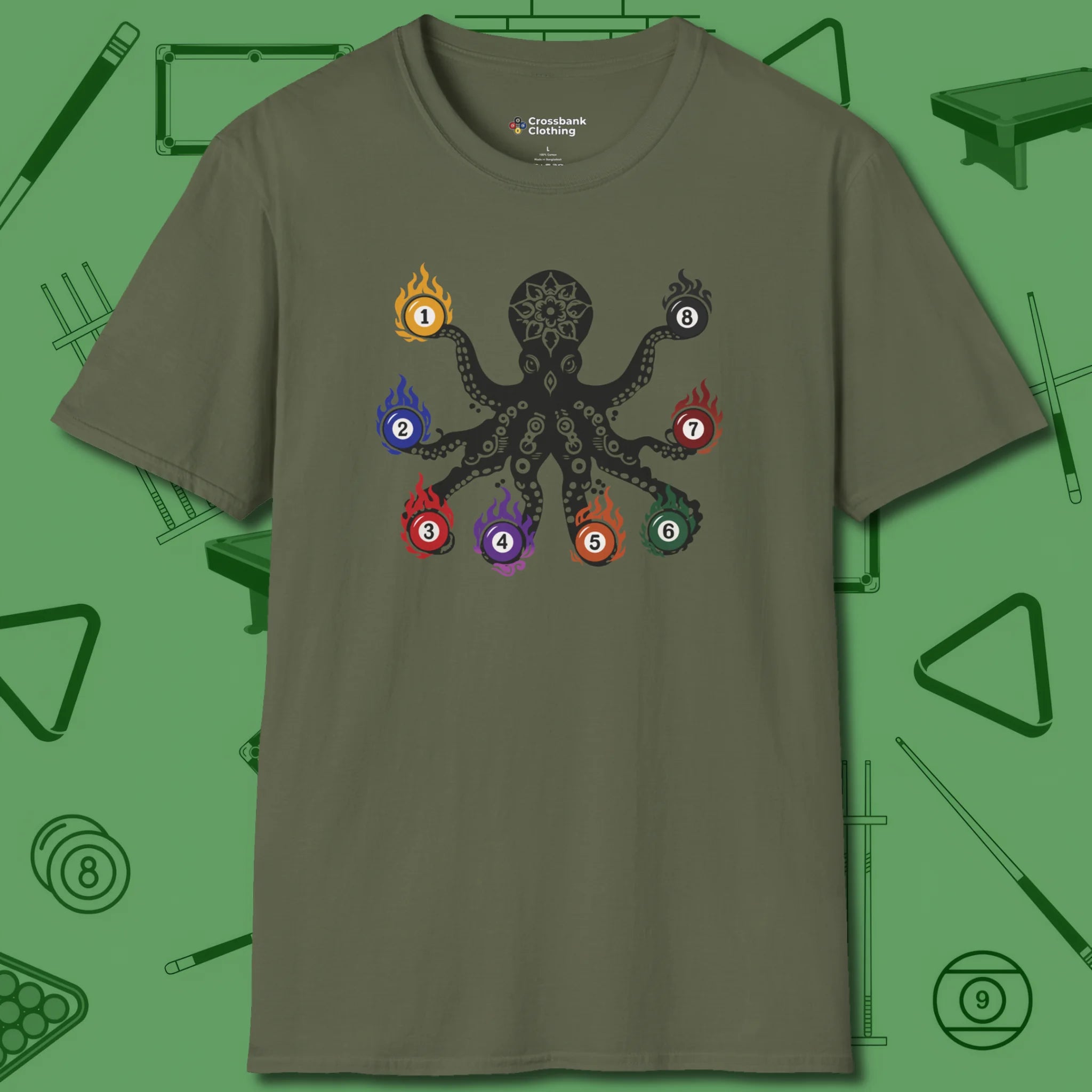 Stripe and Solids Octopus Billiards T-Shirt, front view, in Military Green octo design for league night