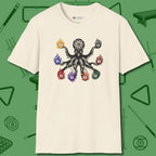 Stripe and Solids Octopus Billiards T-Shirt, front view, in Natural front graphic: stripes and solids