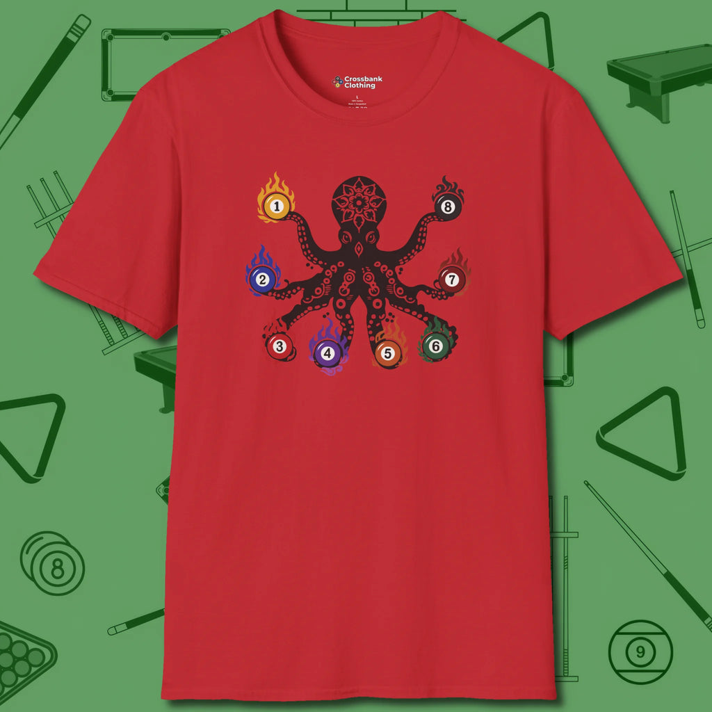 Stripe and Solids Octopus Billiards T-Shirt, front view, in Red eight-armed hustle at the table