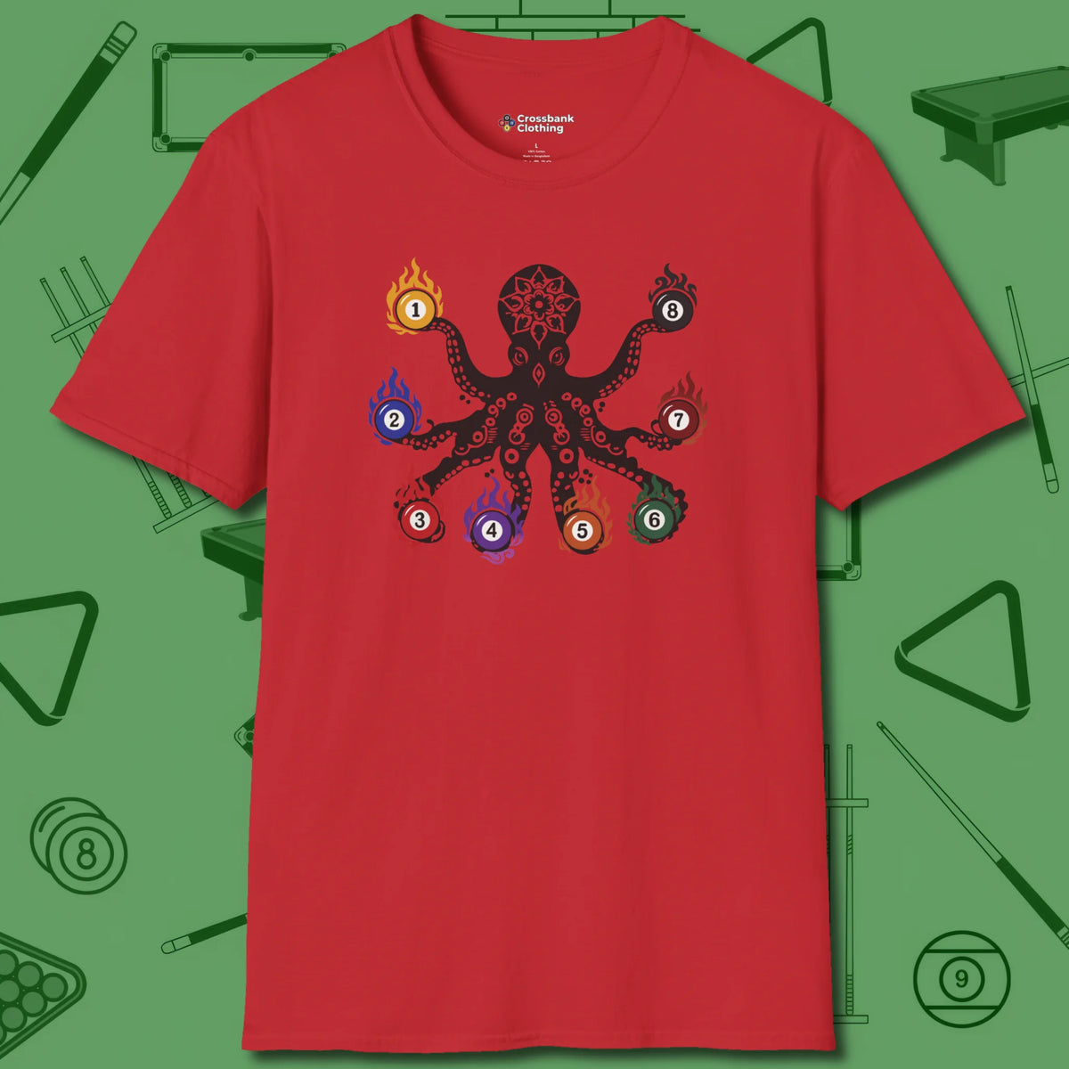Stripe and Solids Octopus Billiards T-Shirt, front view, in Red eight-armed hustle at the table