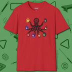 Stripe and Solids Octopus Billiards T-Shirt, front view, in Red eight-armed hustle at the table