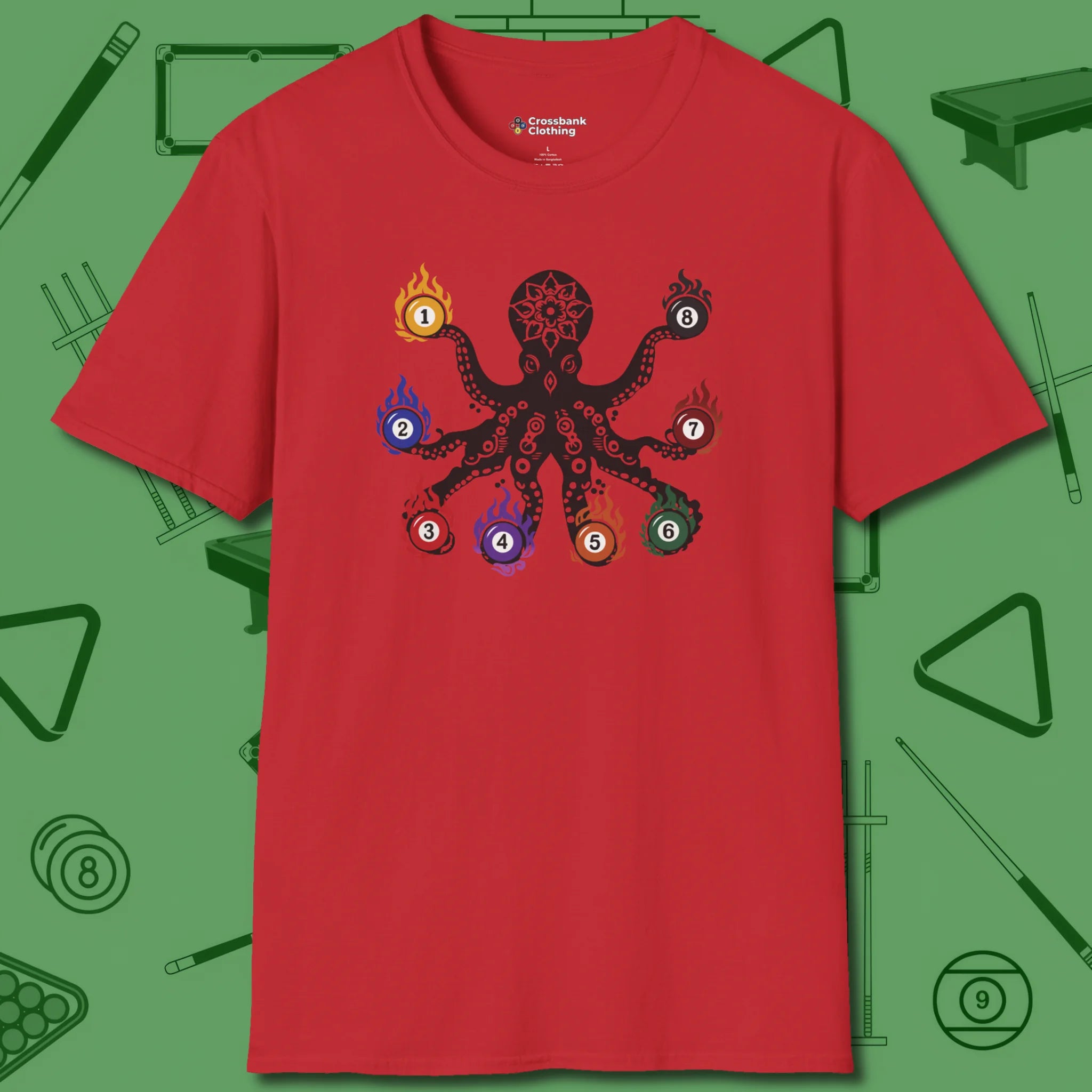 Stripe and Solids Octopus Billiards T-Shirt, front view, in Red eight-armed hustle at the table