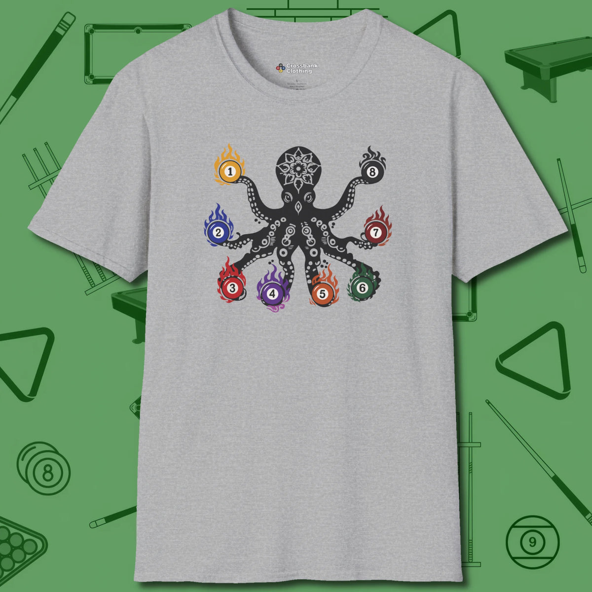 Stripe and Solids Octopus Billiards T-Shirt, front view, in Sport Grey cue-ready octopus graphic