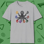 Stripe and Solids Octopus Billiards T-Shirt, front view, in Sport Grey cue-ready octopus graphic