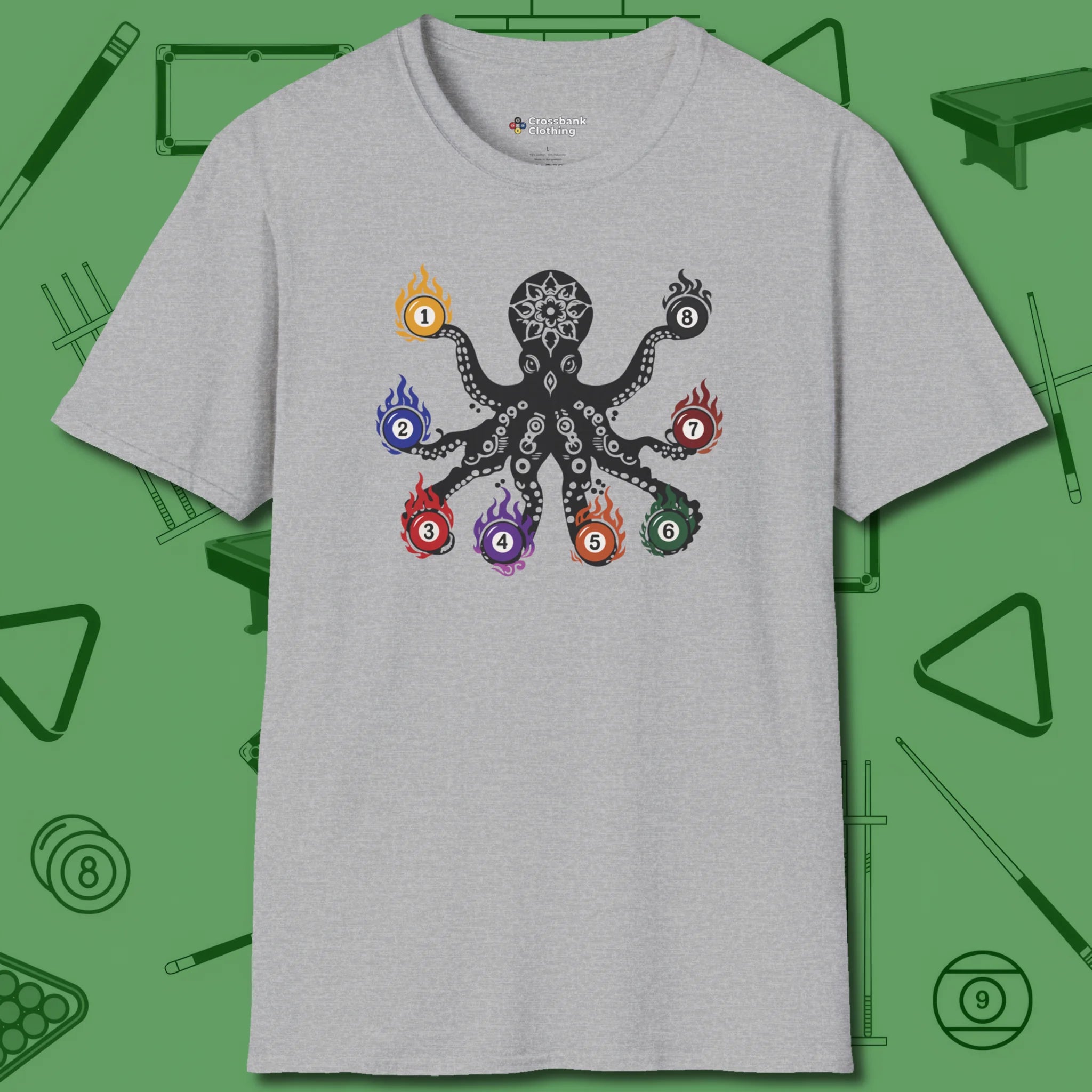 Stripe and Solids Octopus Billiards T-Shirt, front view, in Sport Grey cue-ready octopus graphic