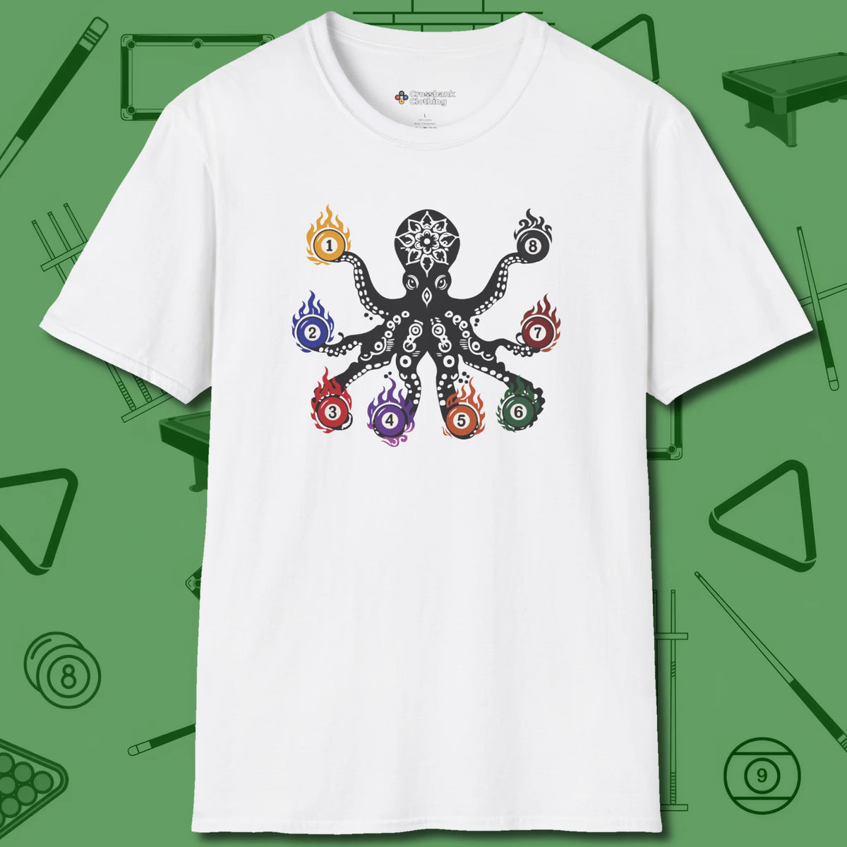 Stripe and Solids Octopus Billiards T-Shirt, front view, in White clean look, octopus billiards art