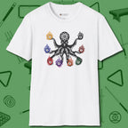 Stripe and Solids Octopus Billiards T-Shirt, front view, in White clean look, octopus billiards art