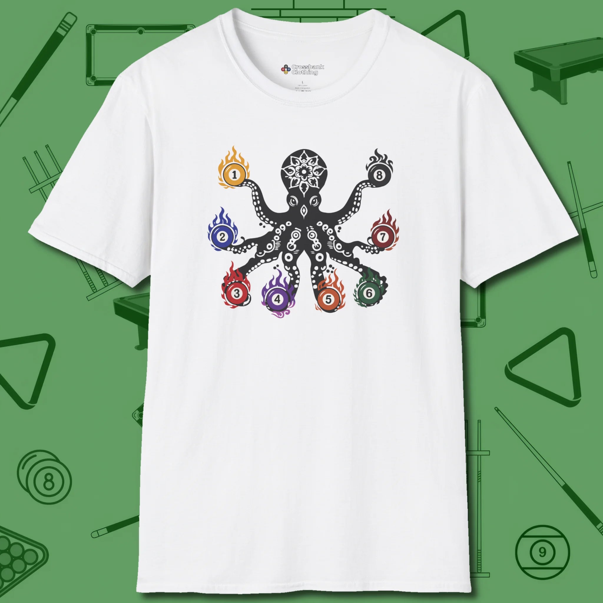 Stripe and Solids Octopus Billiards T-Shirt, front view, in White clean look, octopus billiards art