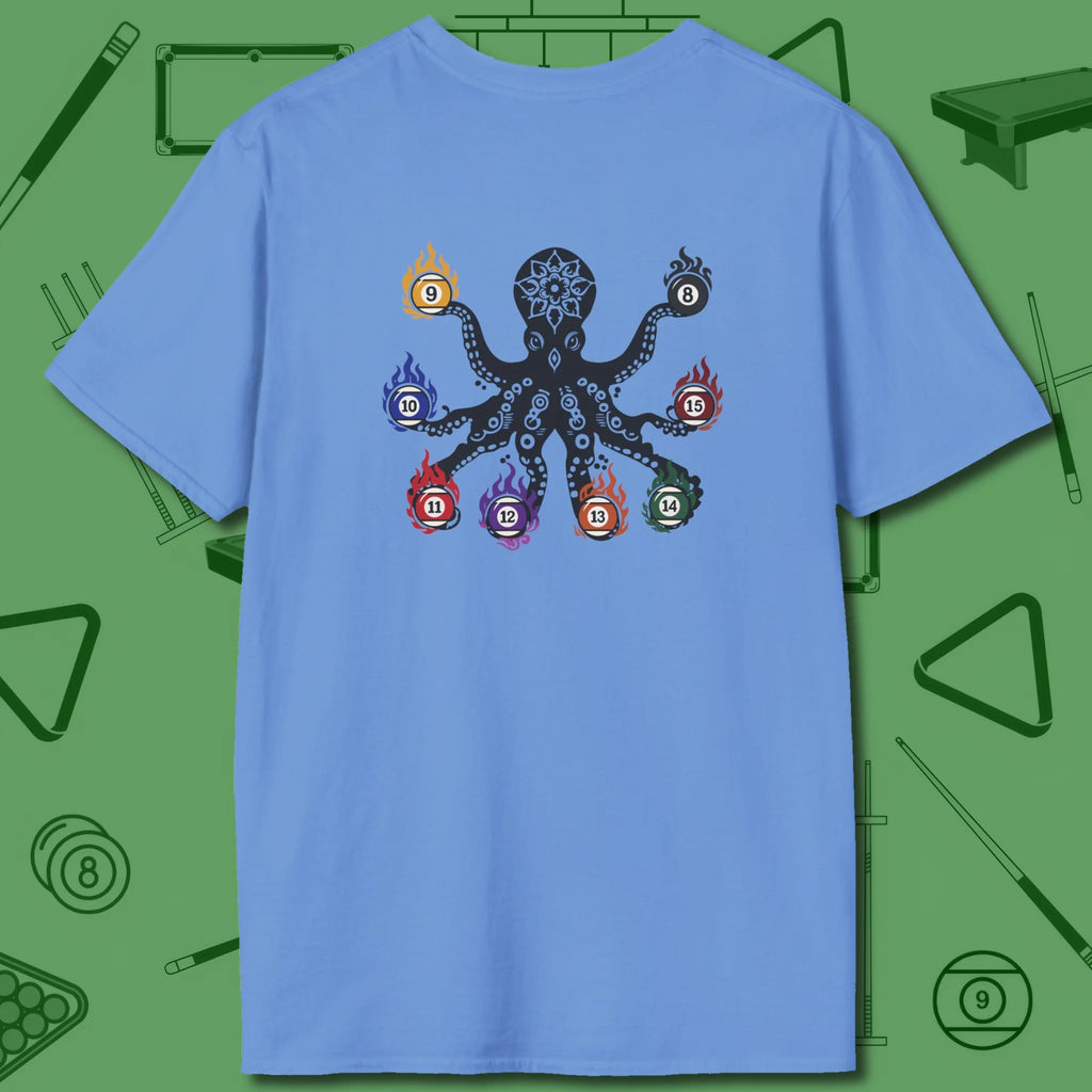 Stripe and Solids Octopus Billiards T-Shirt, back view, in Carolina Blue back graphic: octopus billiards