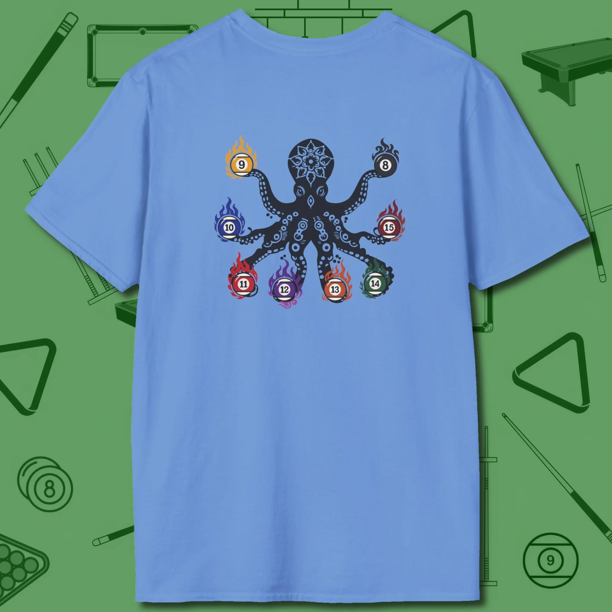 Stripe and Solids Octopus Billiards T-Shirt, back view, in Carolina Blue back graphic: octopus billiards