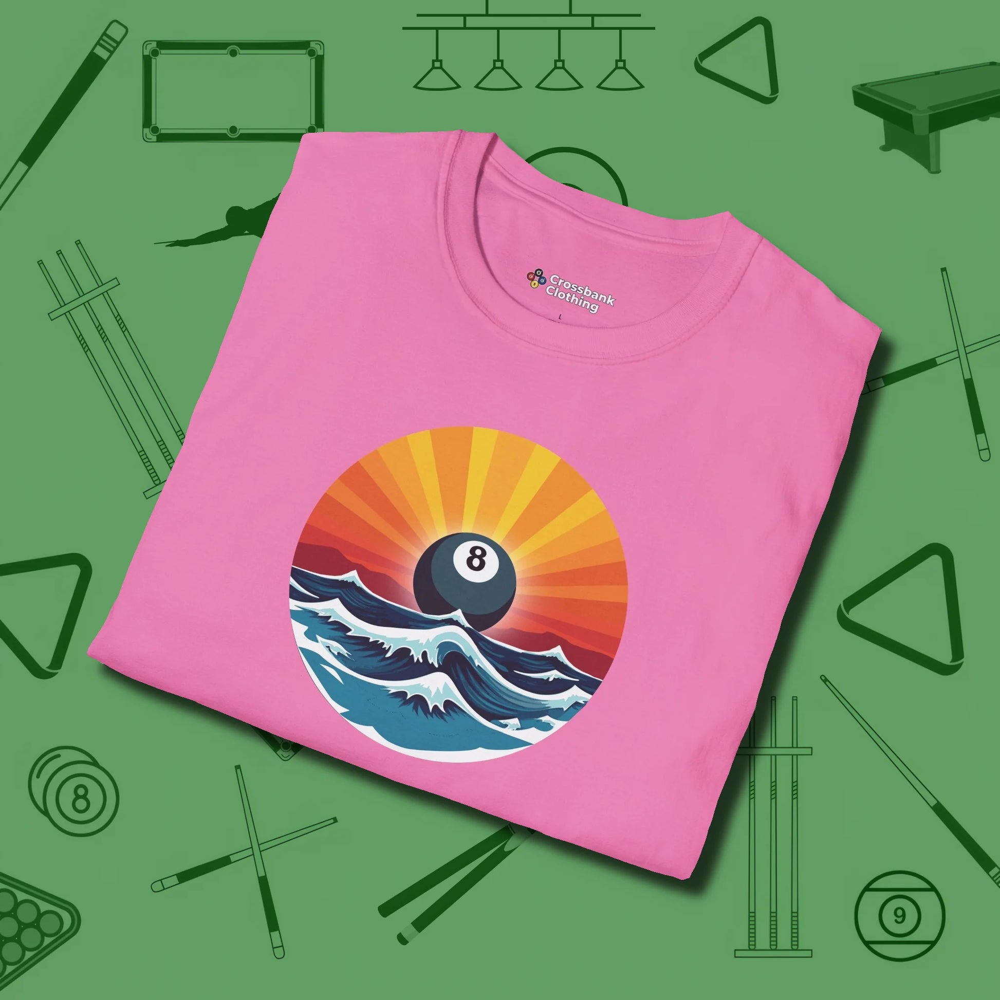 Sunrise Eight Ball T-Shirt, folded view, in Azalea for players who live the game