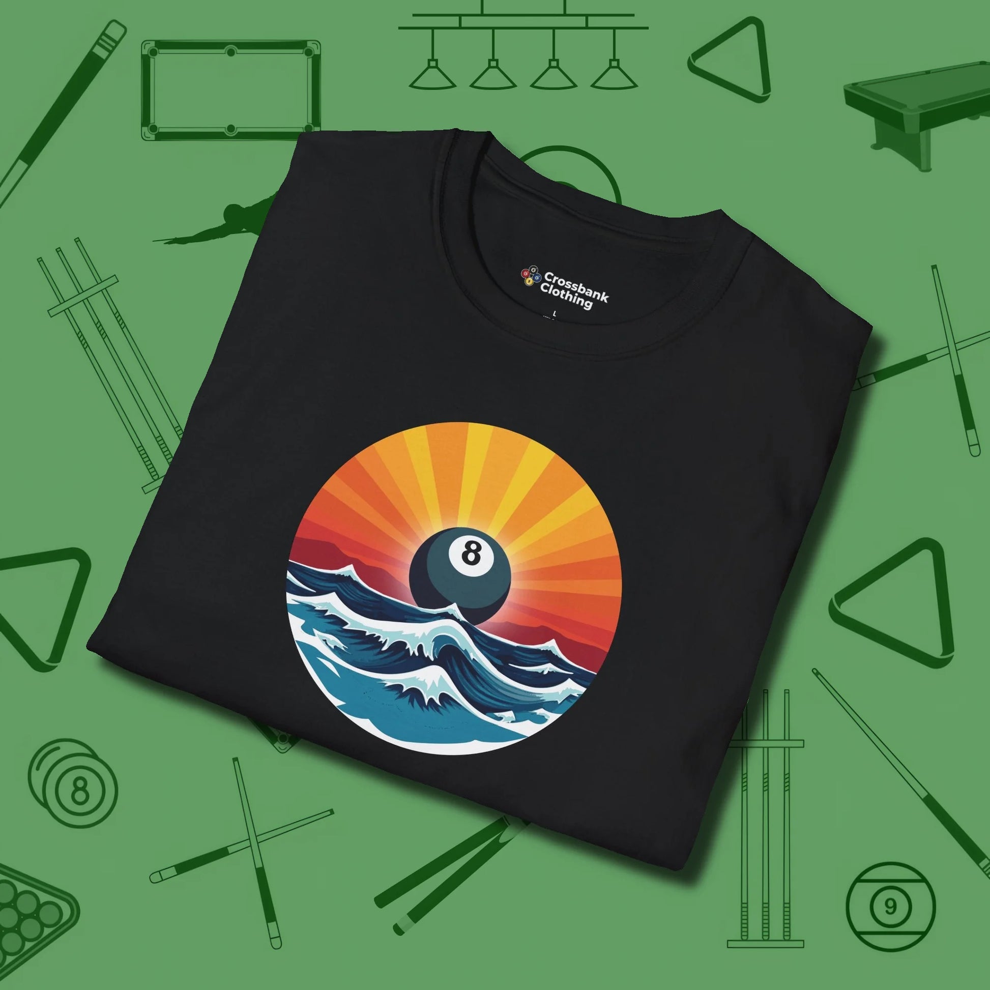 Sunrise Eight Ball T-Shirt, folded view, in Black strike fear with swagger and precision