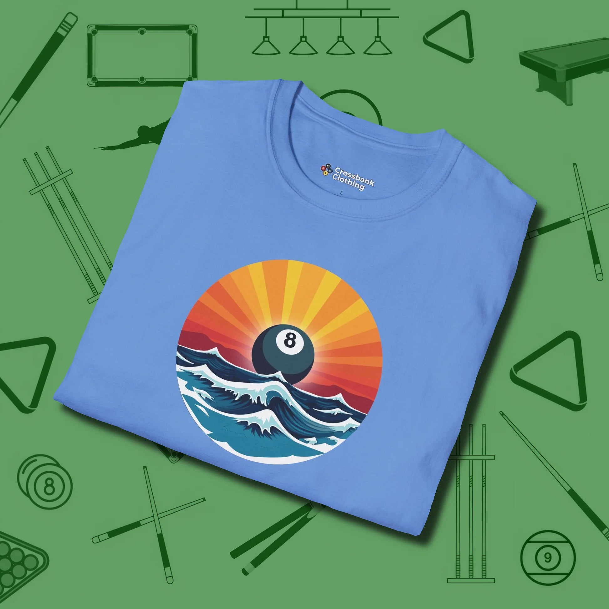 Sunrise Eight Ball T-Shirt, folded view, in Carolina Blue for shooters who dress like they play: sharp