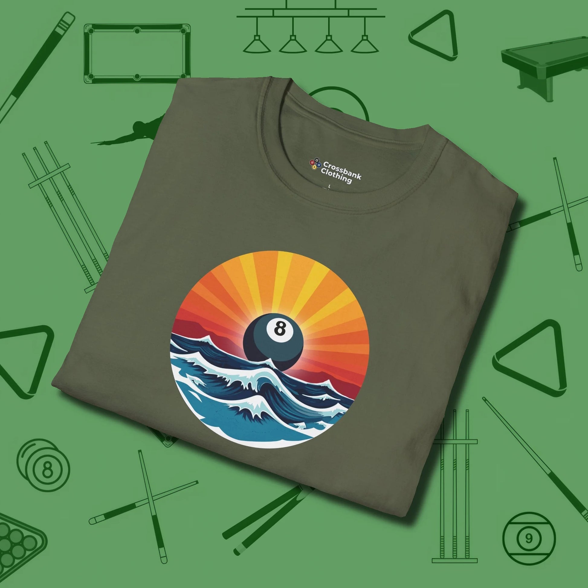 Sunrise Eight Ball T-Shirt, folded view, in Military Green from chalk to clutch, look the part