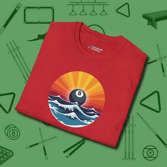 Sunrise Eight Ball T-Shirt, folded view, in Red because the table is your battlefield