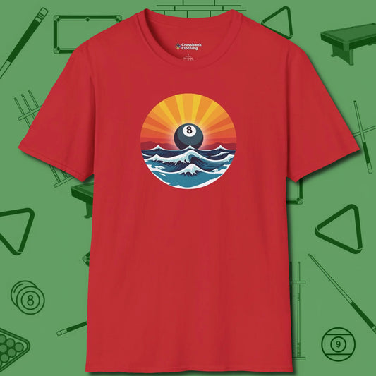 Sunrise Eight Ball T-Shirt, front view, in Red cool under pressure, hot on the eyes