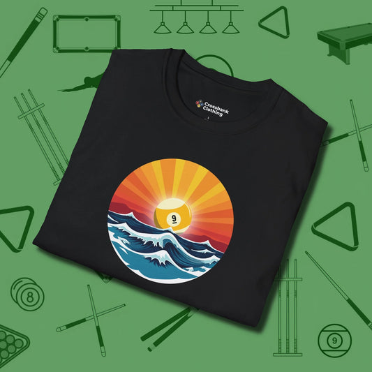 Sunrise Nine Ball T-Shirt, folded view, in Black the official uniform of the after-hours crew