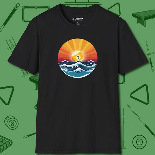 Sunrise Nine Ball T-Shirt, front view, in Black where style and cue discipline collide
