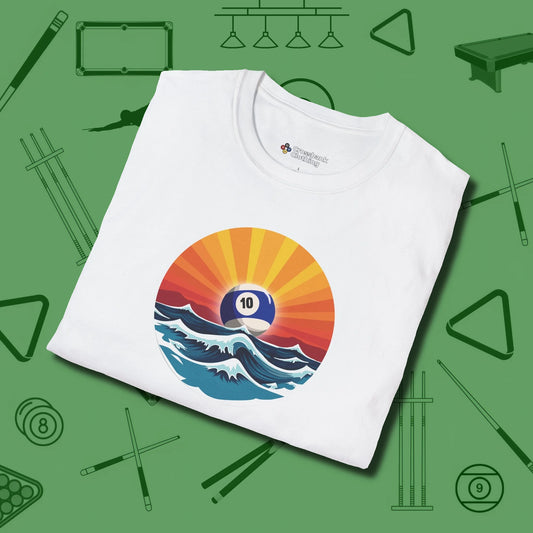 Sunrise Ten Ball T-Shirt, folded view, in White strike fear with swagger and precision
