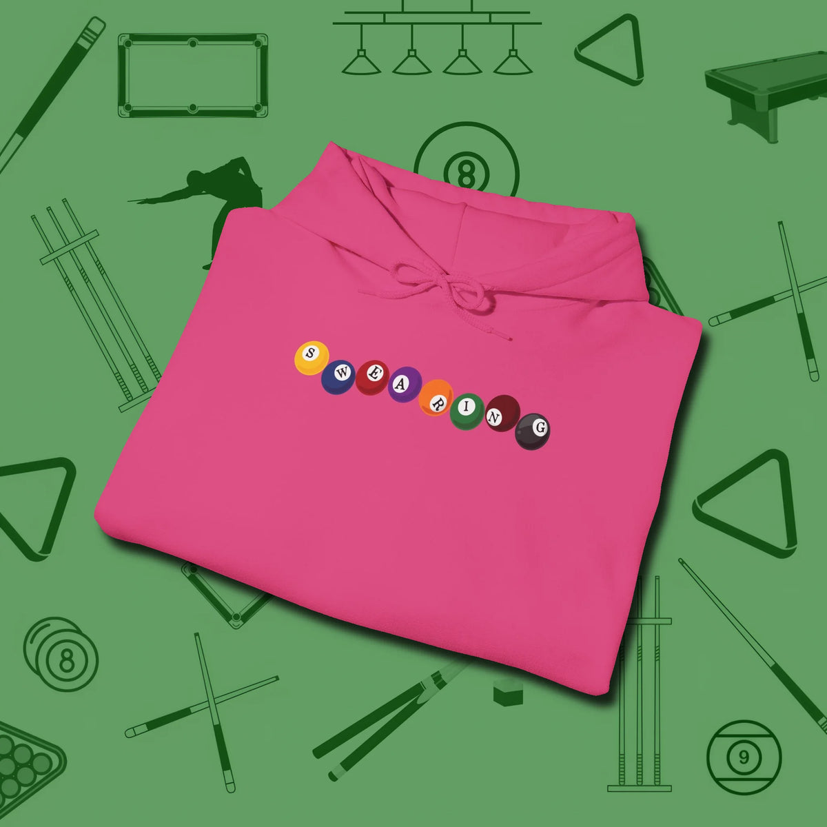 Swearing Balls Hoodie, folded view, in Heliconia put your best game on display