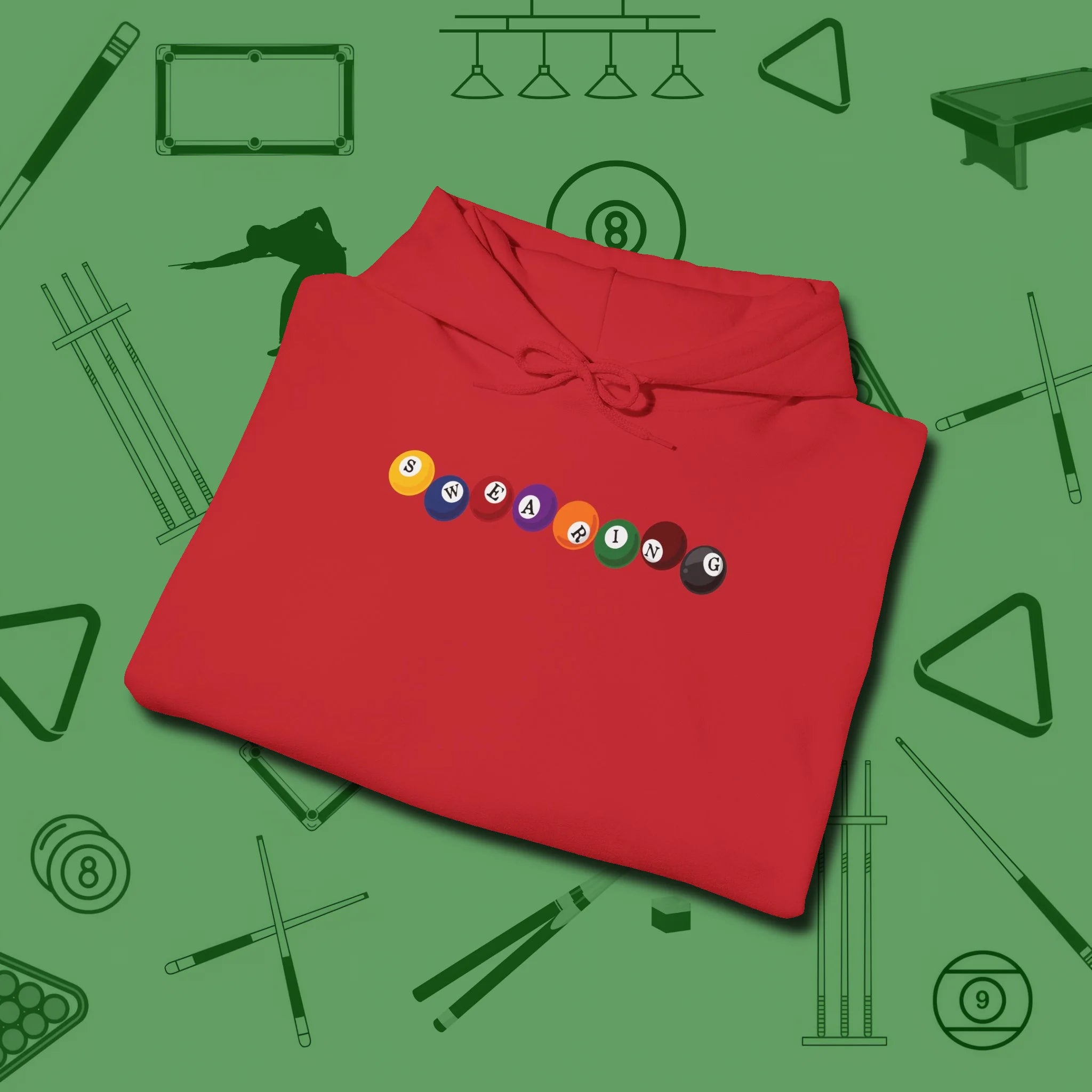 Swearing Balls Hoodie, folded view, in Red stitched for cue discipline and cool confidence