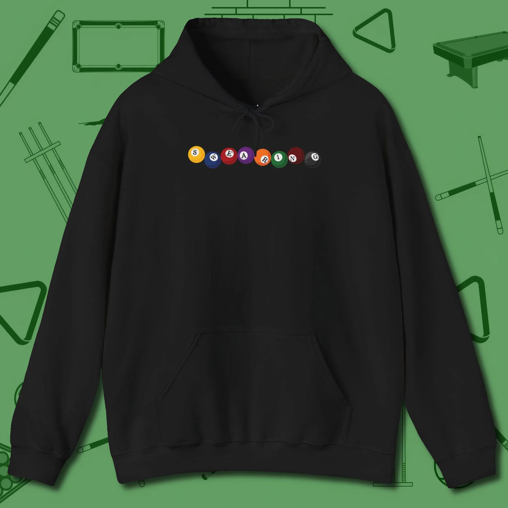 Swearing Balls Hoodie, front view, in Black break, run out, turn heads — repeat