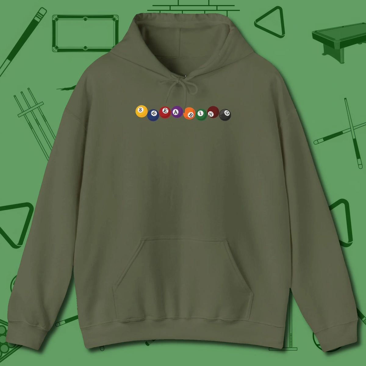 Swearing Balls Hoodie, front view, in Military Green the official uniform of the after-hours crew