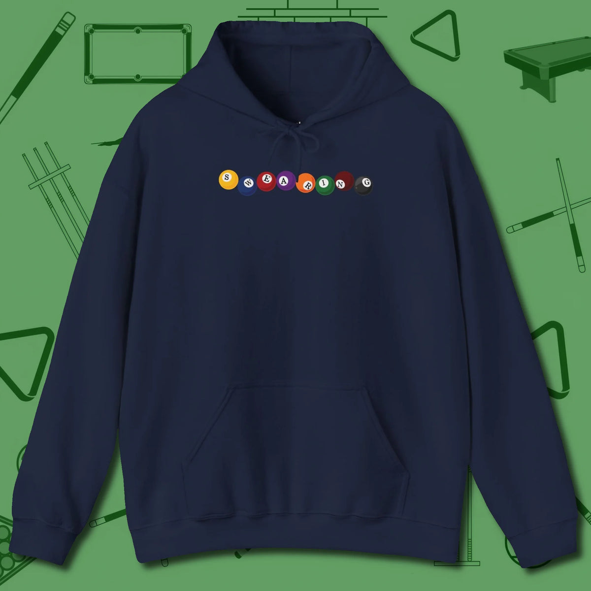 Swearing Balls Hoodie, front view, in Navy look good while calling your pocket