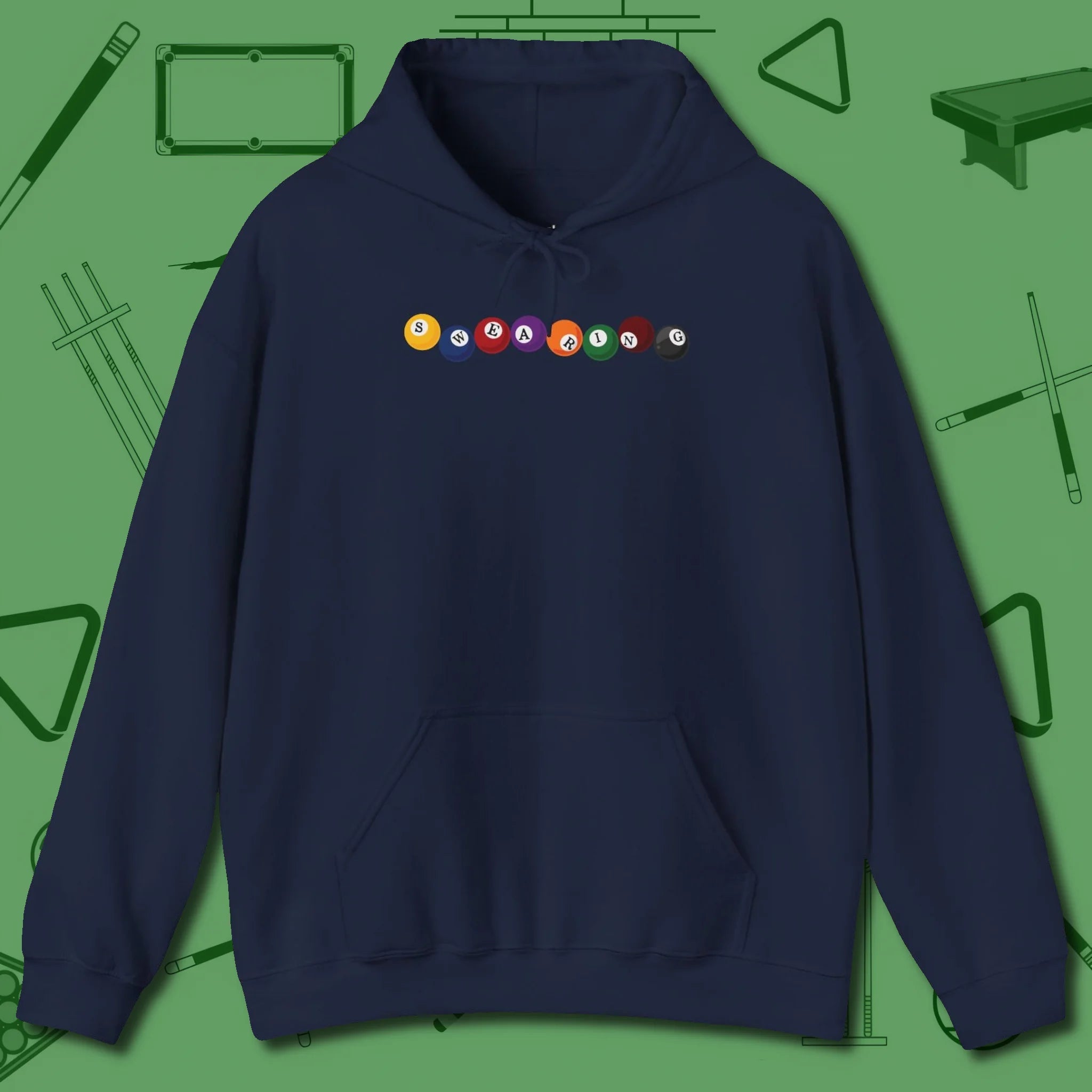 Swearing Balls Hoodie, front view, in Navy look good while calling your pocket