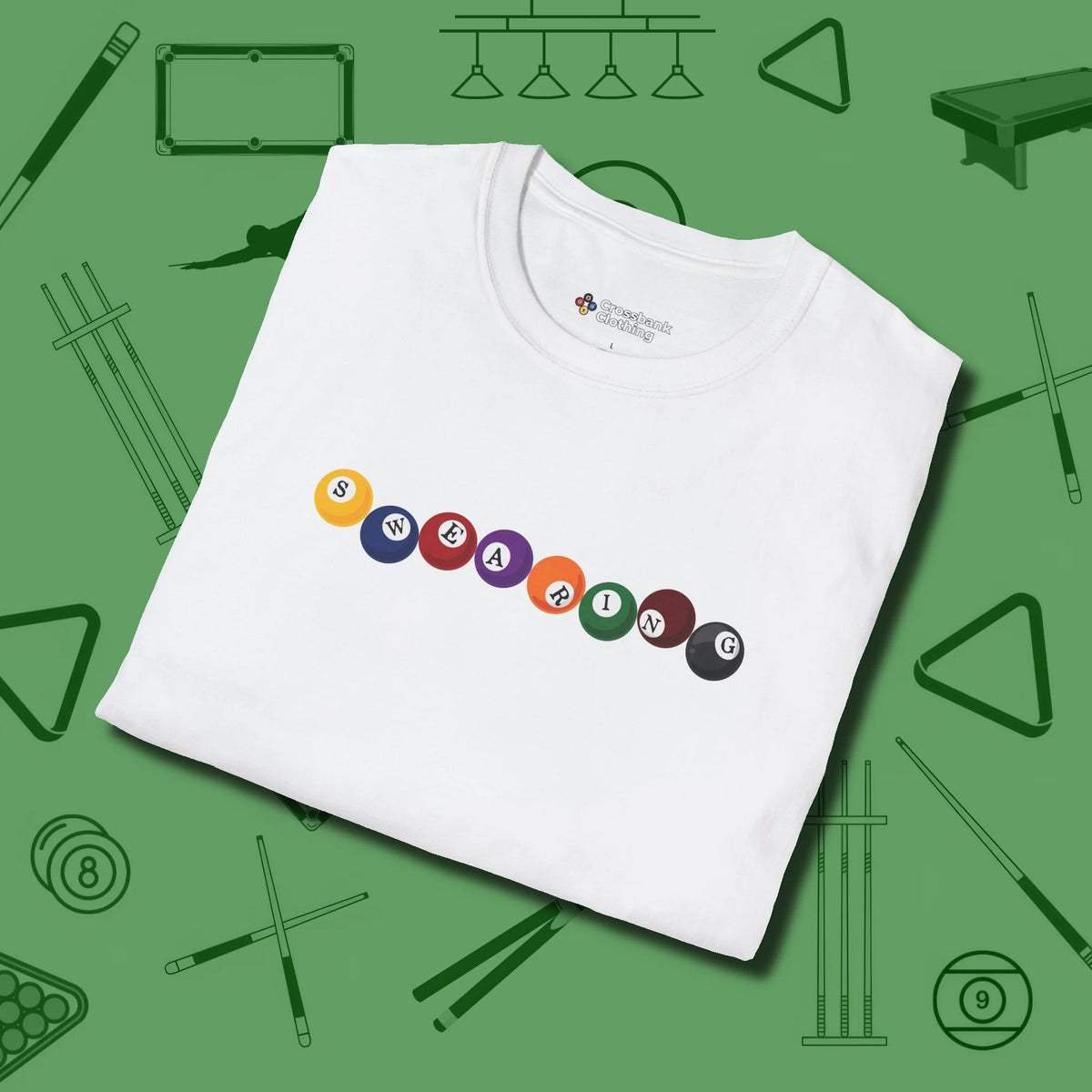 Swearing Ball T-Shirt, folded view, in White where style and cue discipline collide