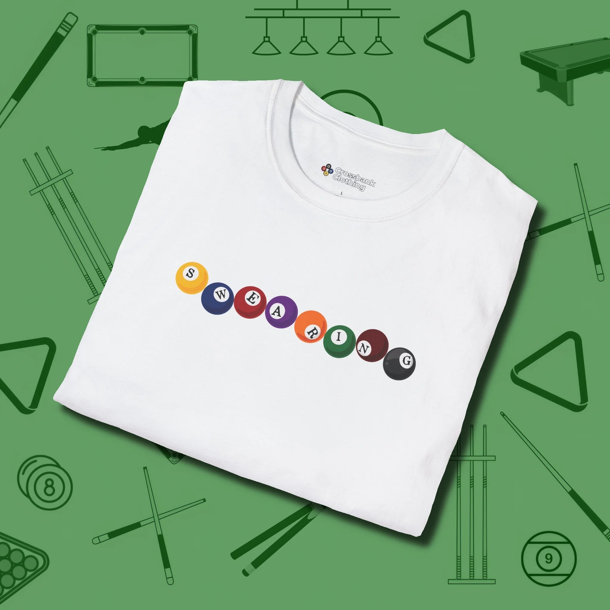 Swearing Ball T-Shirt, folded view, in White where style and cue discipline collide