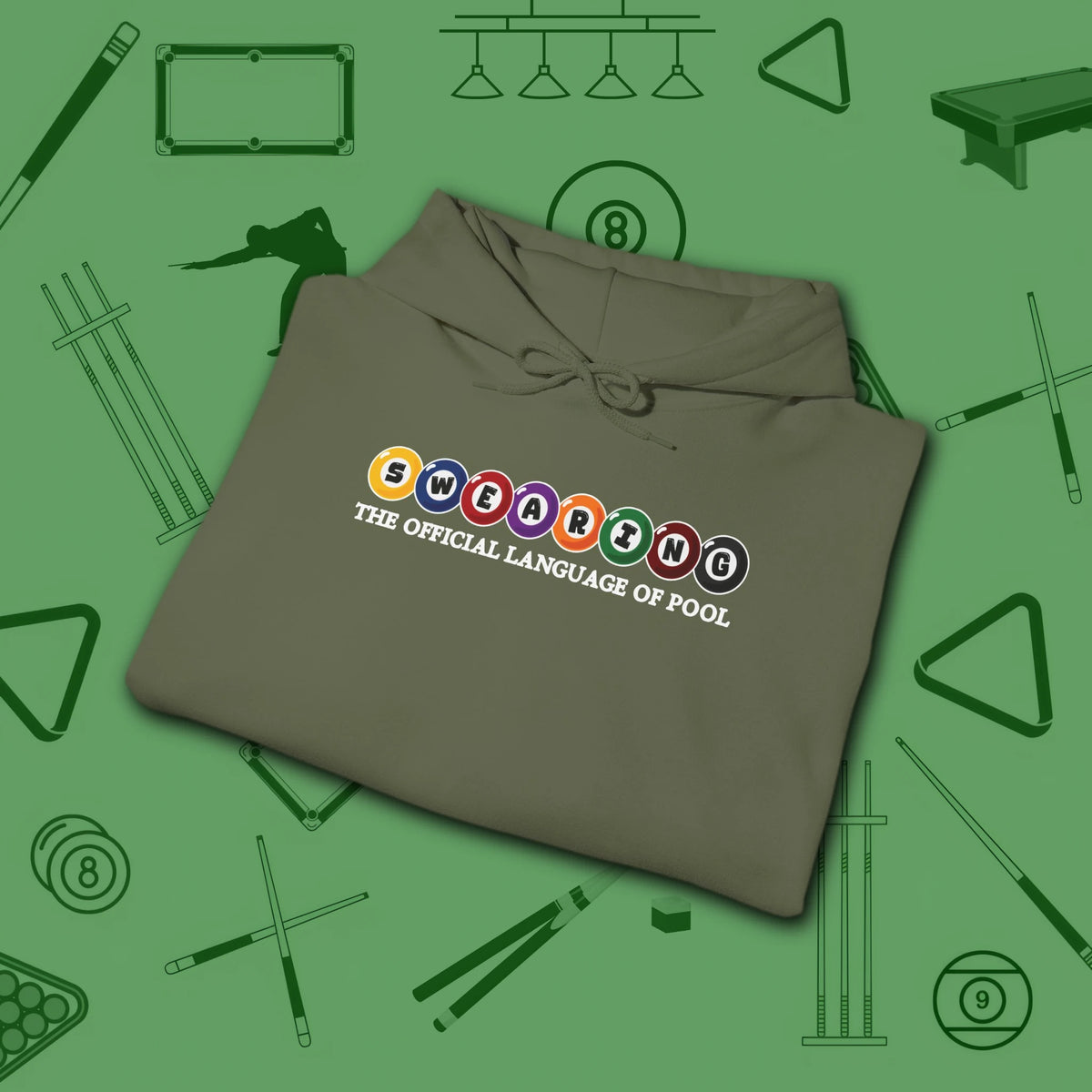 Swearing Pool Balls Hoodie, in Military Green color, billiards hoodie, folded view