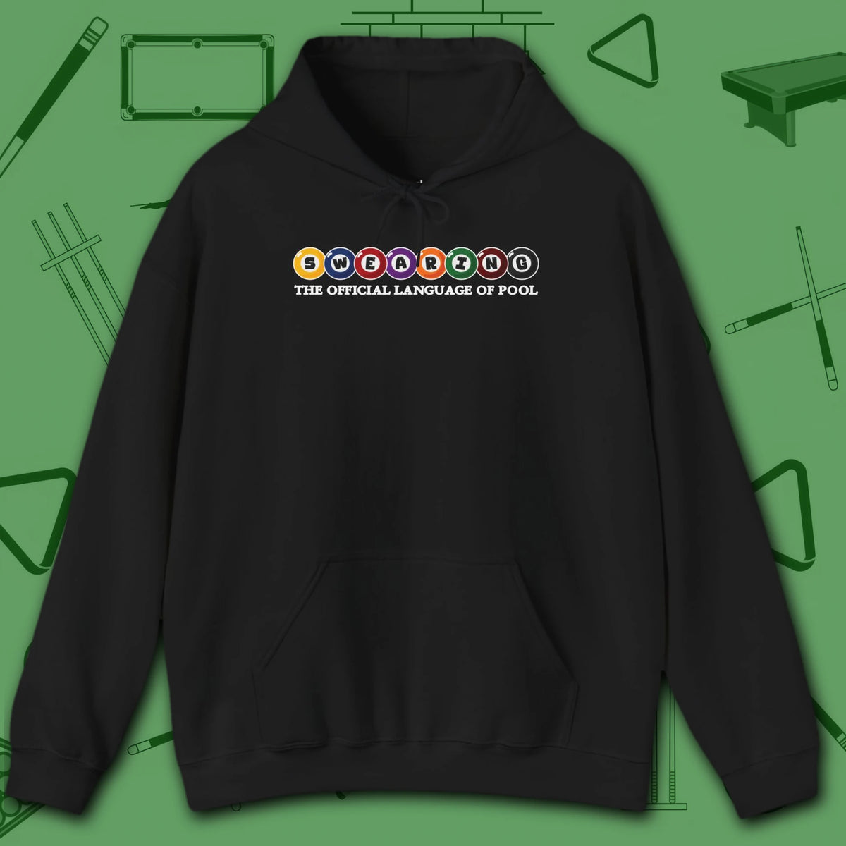 Swearing Pool Balls Hoodie, in Black color, billiards hoodie, front view