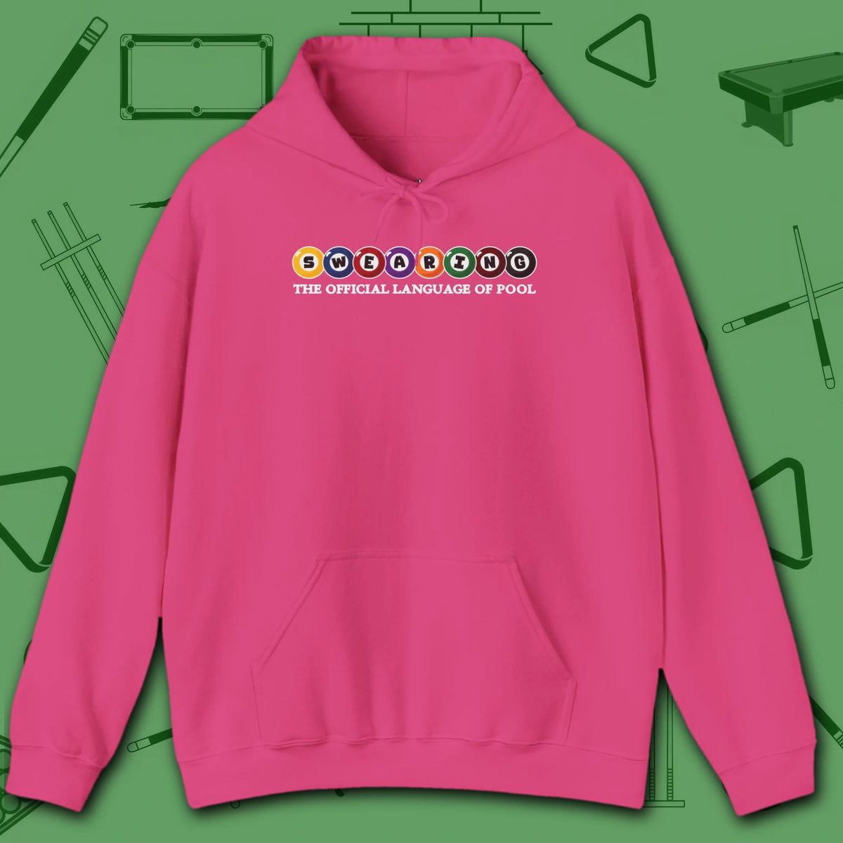 Swearing Pool Balls Hoodie, in Heliconia color, billiards hoodie, front view