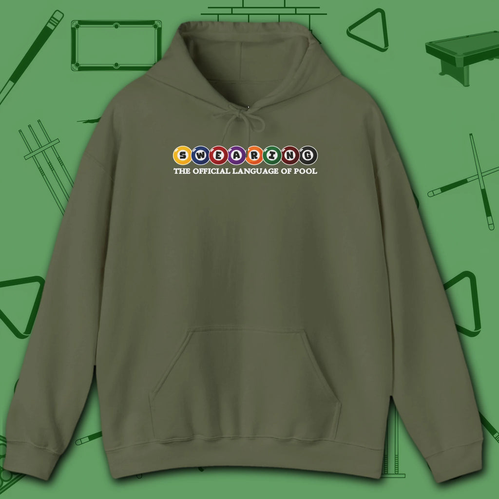 Swearing Pool Balls Hoodie, in Military Green color, billiards hoodie, front view